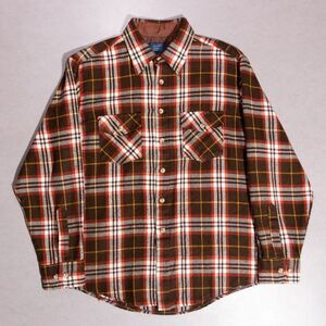 Vintage Sears Brown Plaid Button Flannel Shirt Mens Large 16-16.5 Western Cowboy